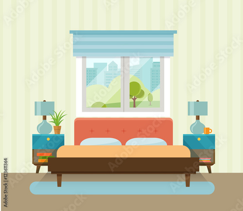 Interior space bedroom with a bed near a window. Vector flat illustration