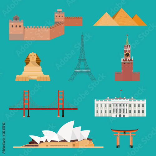World famous attractions. World tourist attractions symbols. Vector flat illustration.