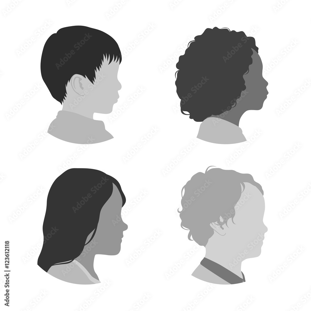 various children profile set, avatar icons, people face viewed from side