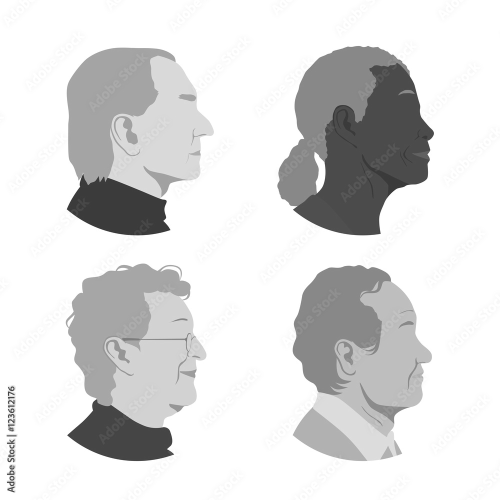 various senior people profile set, avatar icons, aged people face viewed sidewise