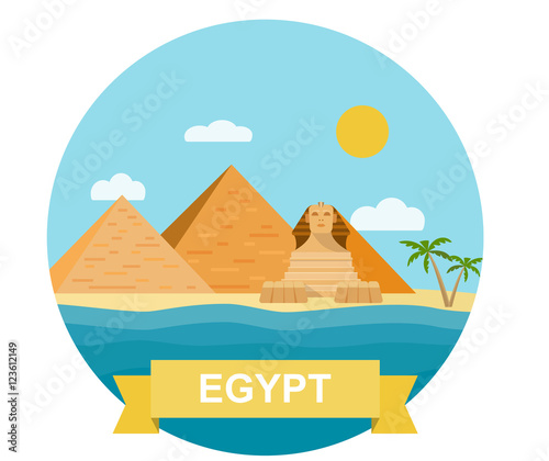 Egyptian pyramid and Sphinx. Vector flat illustration