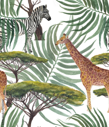 Watercolor painting african pattern with Giraffe , zebra and Large Acacia tree © ramiia