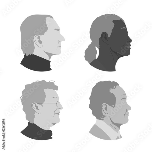 various senior people profile set, avatar icons, aged people face viewed sidewise