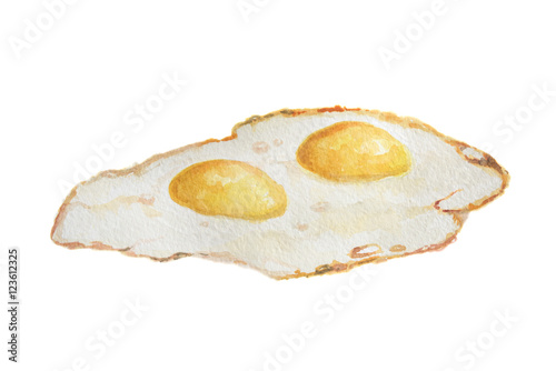 Isolated watercolor fried eggs on white background. Healthy and tasty food for breakfast.
