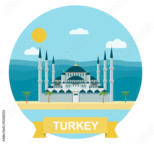 Blue mosque, Istanbul. Background of the sea. Vector flat illustration