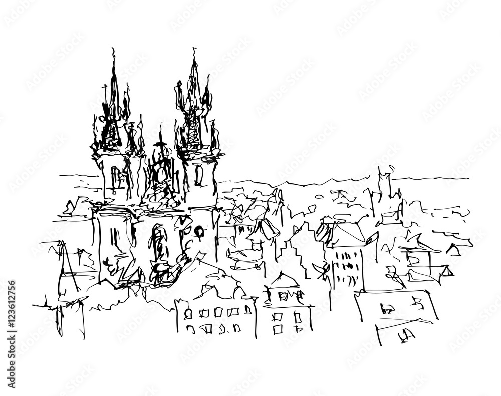 black and white ink sketch line drawing of Prague old town top c