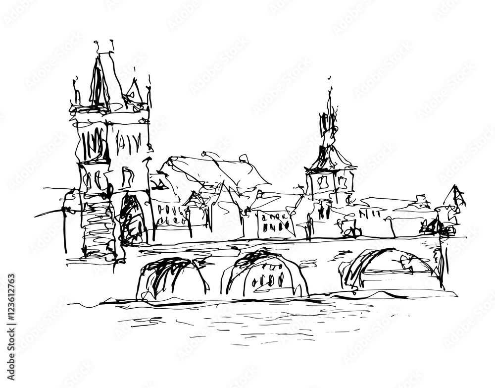 black and white ink sketch line drawing of Prague old town top c