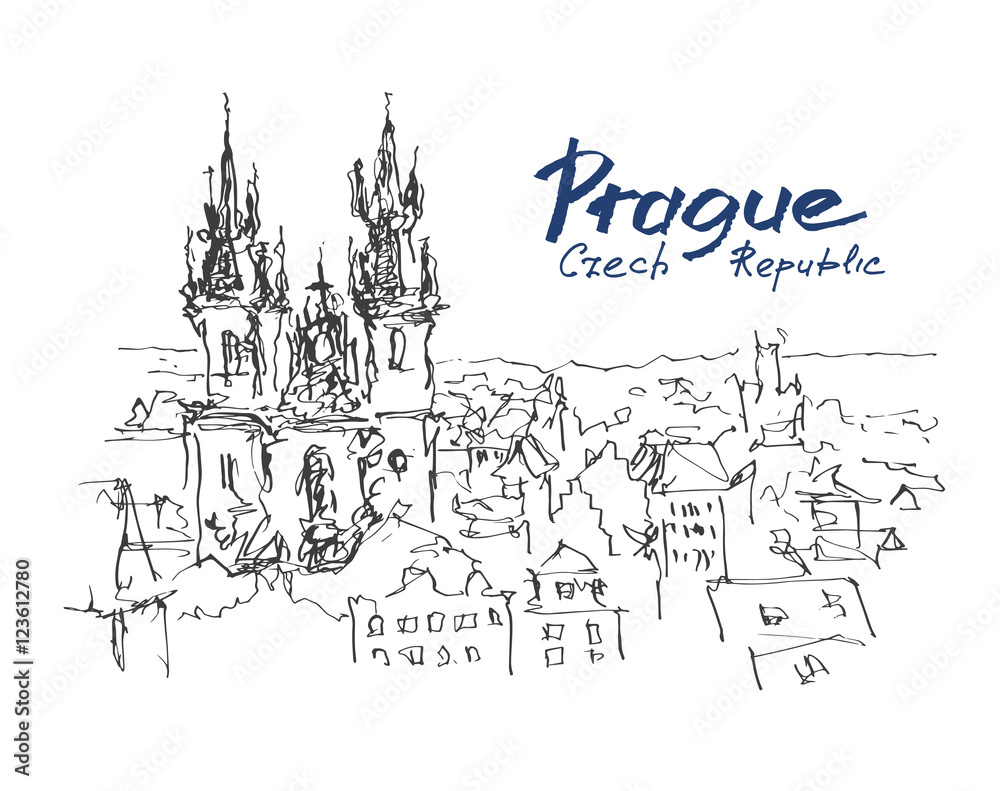 drawing of Prague old town top cityscape with hand lettering ins