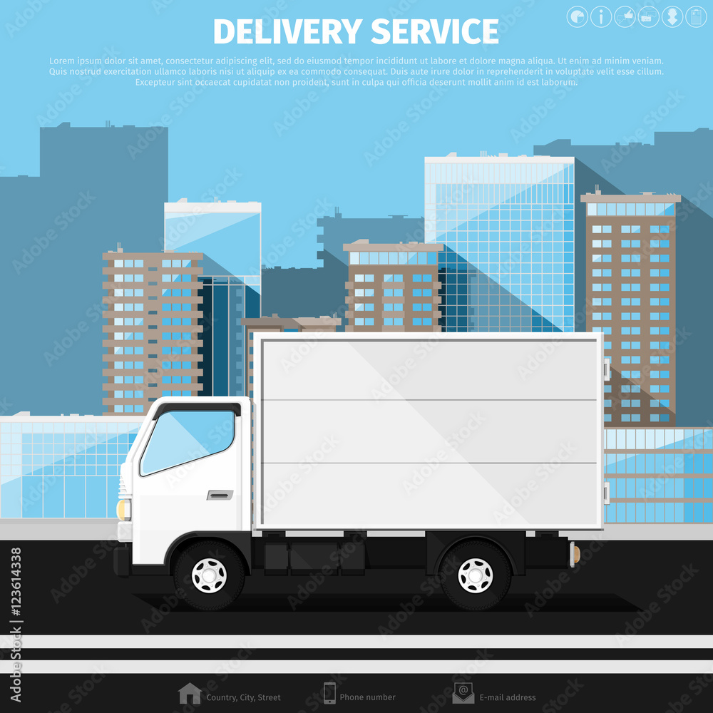 Delivery truck against background of the cityscape. Flat design. Vector illustration 10 EPS without transparency