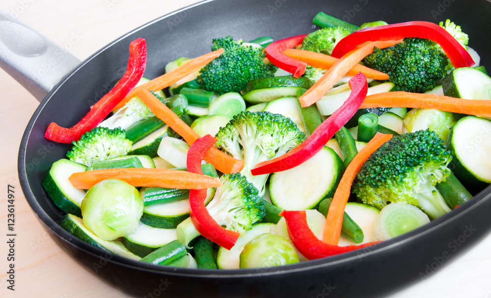 Vegetables cooking on frying pan Vegetables cooking on frying pan
