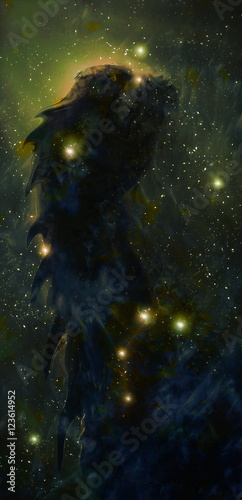 Cosmic dragon in space and stars, green cosmic abstract background. © jozefklopacka