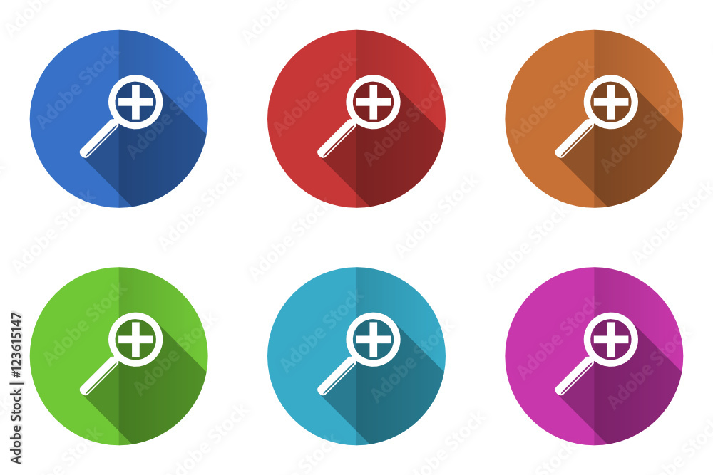 Flat design colorful web lens vector icons. Round glass symbols.
