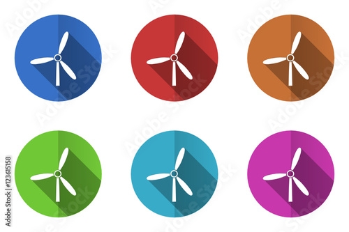 Flat design colorful web windmill vector icons. Round power plant symbols.