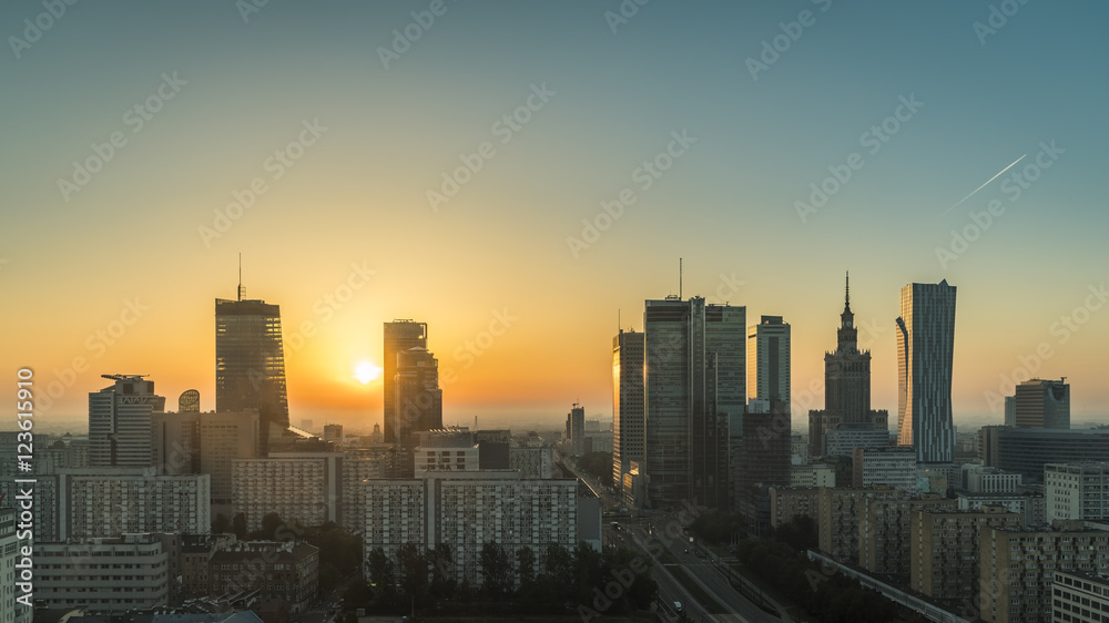 Warsaw Downtown Sunrise aerial view, Poland