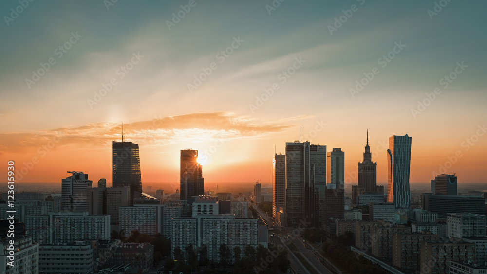 Fototapeta premium Warszawa wschód słońca panoramę miasta, Polska