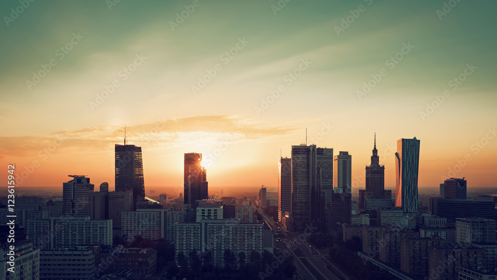 Obraz premium Warszawa wschód słońca panoramę miasta, Polska