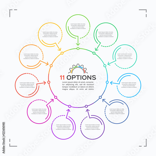Minimal style circle infographic template with 11 options
