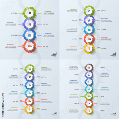 Set of timeline business infographic templates with 4-7 steps, processes, parts, options. Vector illustration.
