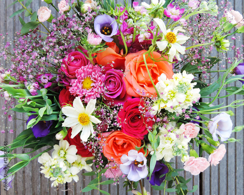 Multicolored spring flowers, close-up. Bunch of colorful flowers or flower bouquet with various flowers. photo