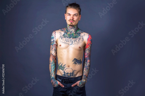 man, tattoo, tattooed, handsome, beautiful, attractive, person, young, caucasian, brutal, male, lifestyle, view, guy, sexy, serious, gangster, shirt, beard, portrait, adult, body photo