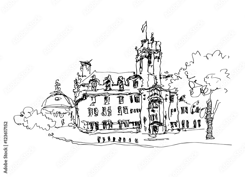 doodle black and white ink sketch drawing of famous place in Lon