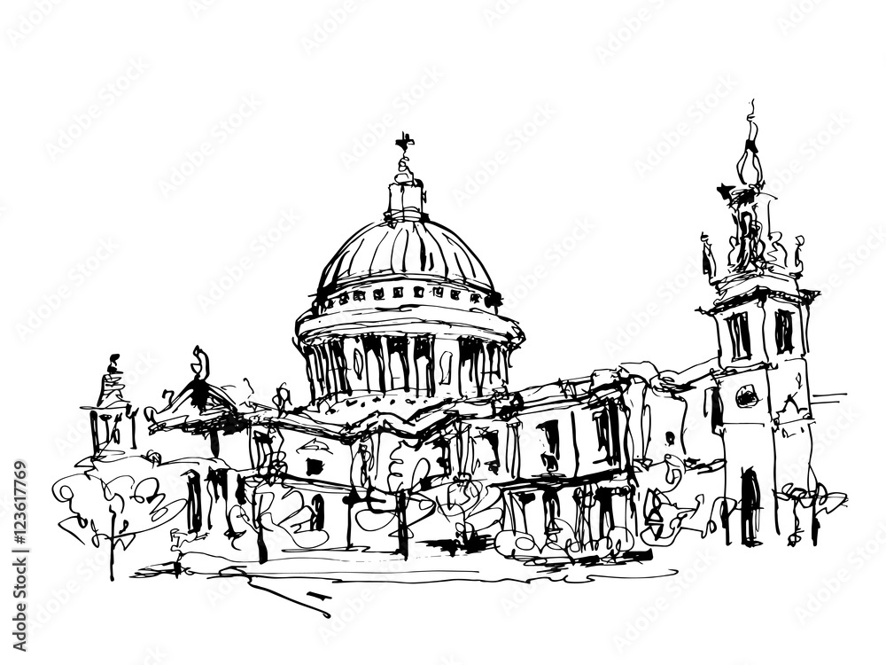 sketch black and white ink drawing of London top view - St. Paul