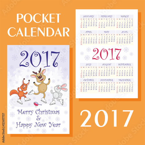Greeting card merry Christmas and New Year with the image of funny animals . Pocket calendar 2017.
