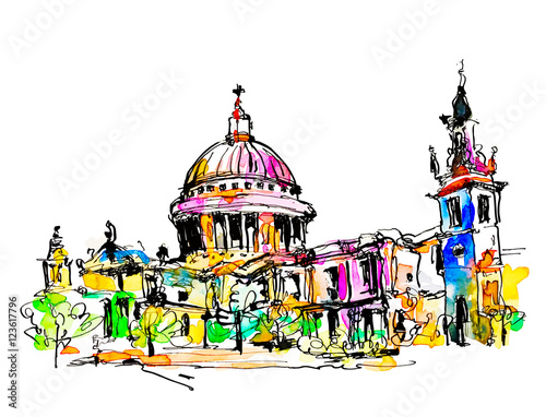 sketch watercolor painting of London top view - St. Paul Cathedr photo