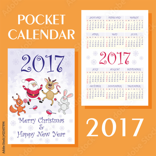 Greeting card merry Christmas and New Year with the image of funny animals and Santa Claus. Pocket calendar 2017.