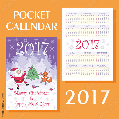 Greeting card merry Christmas and New Year with the image of funny animals and Santa Claus. Pocket calendar 2017.