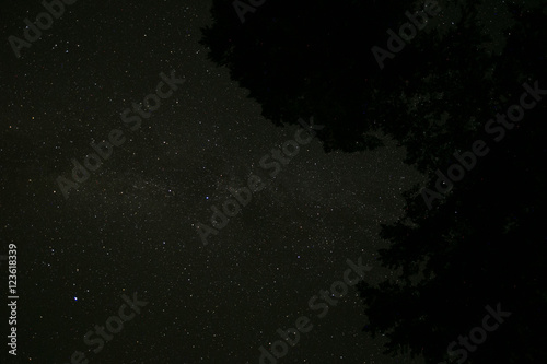 Long exposure of the stars lake and trees