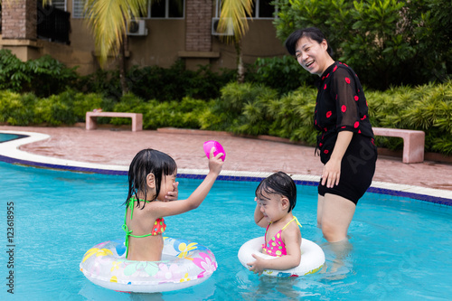 Asian Chinese Little Girls Playing in the Swimming Pool