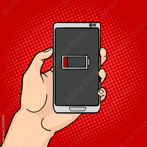 Hand hold discharged phone pop art vector