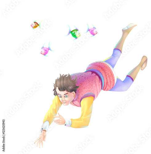 Young man swim with fishes