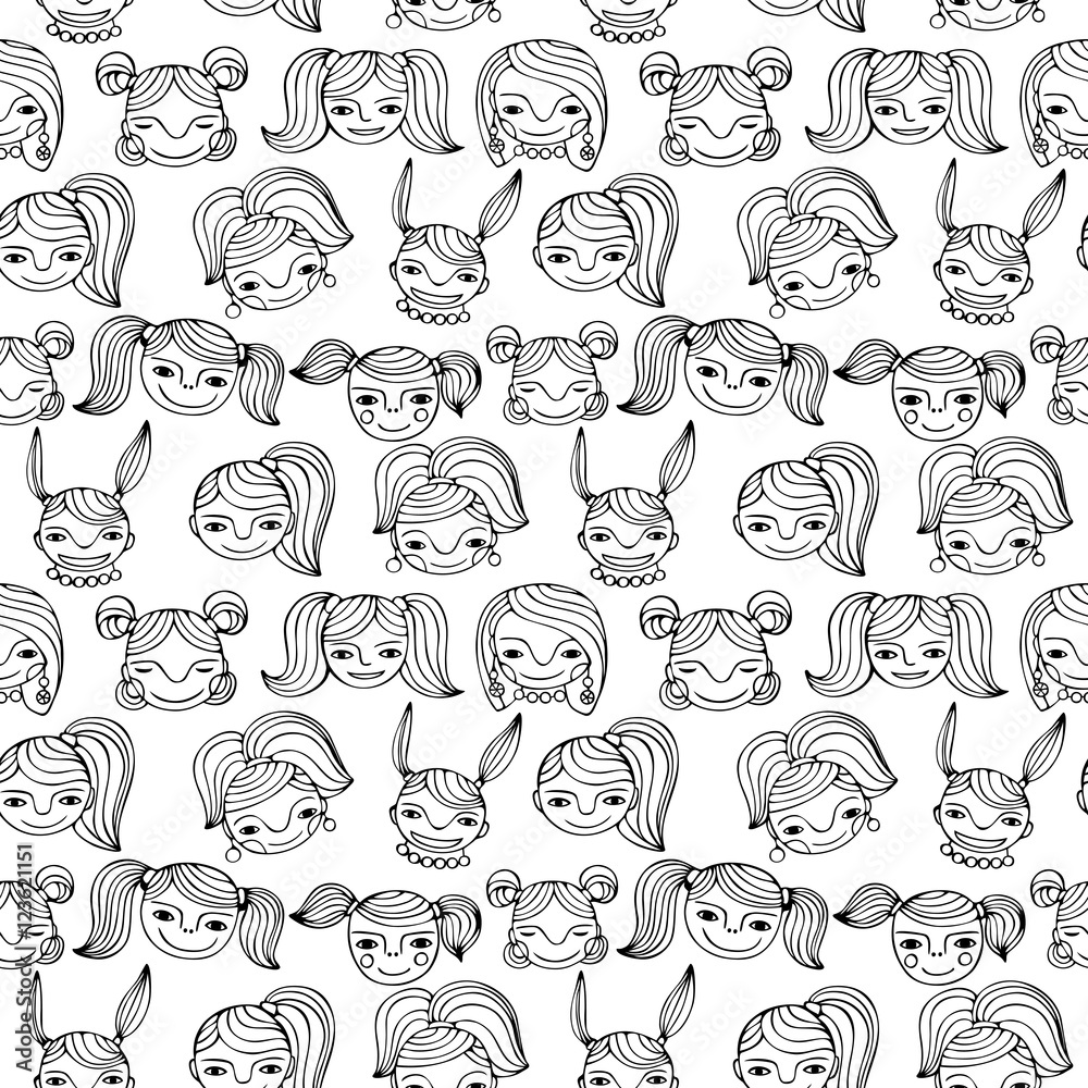 Set Of Cute Cartoon Girlsmonochrome Vector Seamless Pattern Stock Vektorgrafik Adobe Stock 