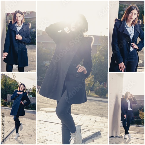 Collage of autumn photos of girl posing in coat outdoors