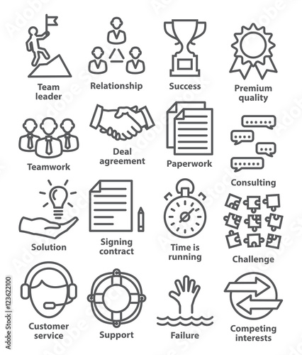 Business management icons in line style. Pack 10.