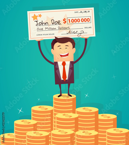Man holding winning check for one million dollars. Vector illustration