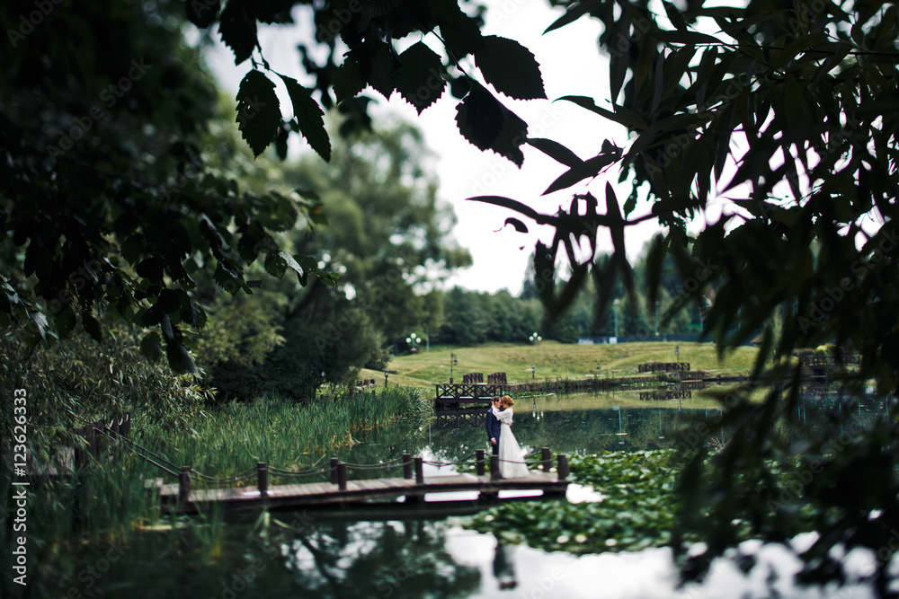 Wedding couple daydreams on the end  of a bridge under a lake