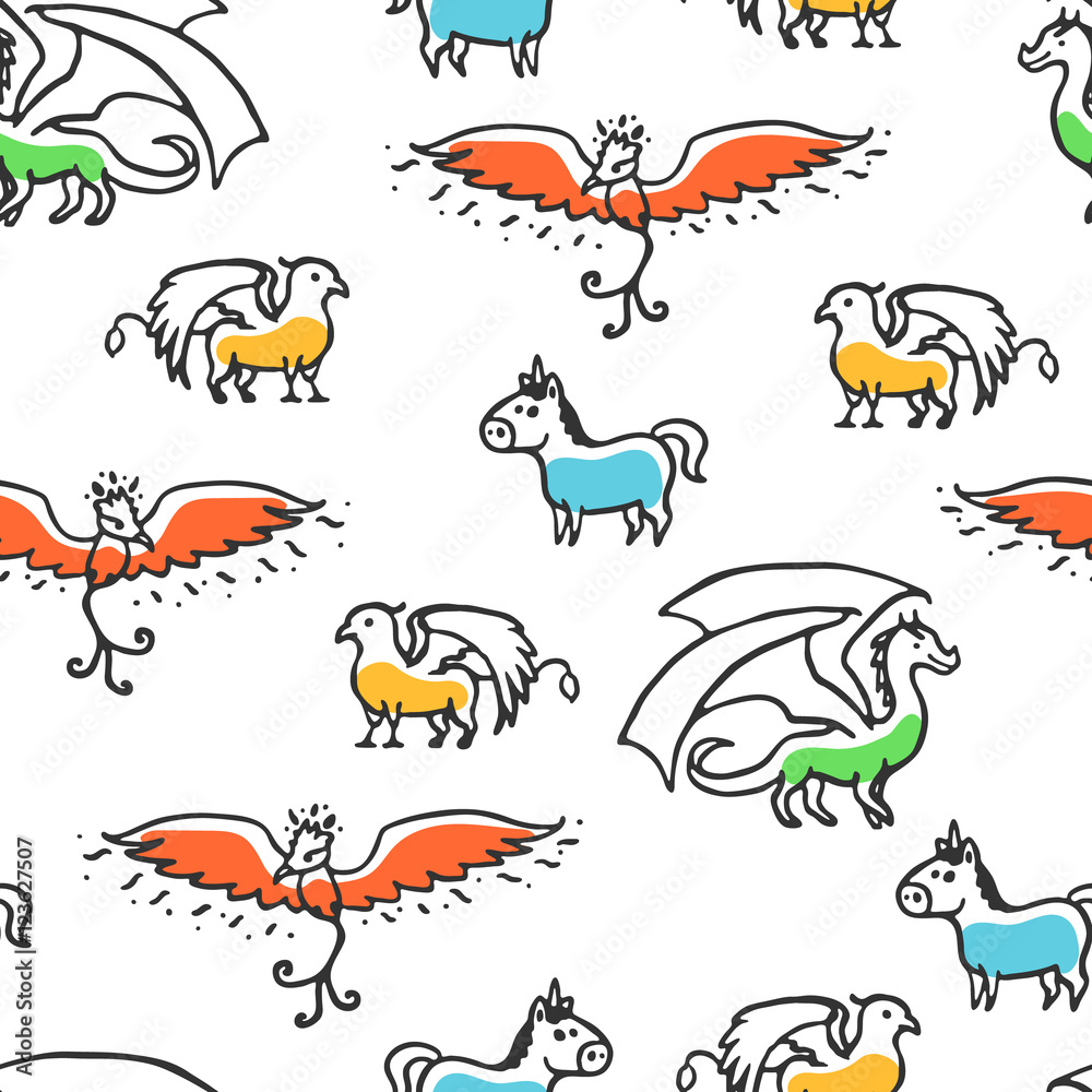 Seamless pattern with cute cartoon mythical beasts. Dragon, griffin, unicorn and phoenix. Vector illustration isolated on white
