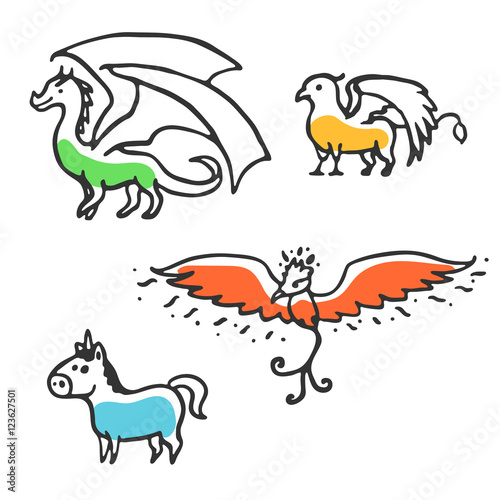 Set of cute little cartoon mythical beasts. Dragon, griffin, unicorn and phoenix. Vector illustration isolated on white