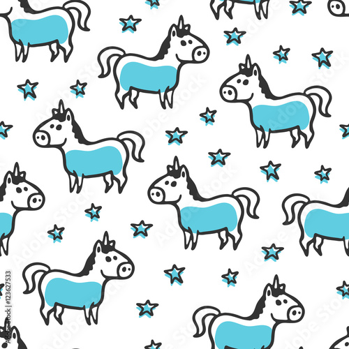 Seamless pattern with unicorn and stars. Cute childish illustration. Background with cartoon mythical beast. Sweet little unicorn