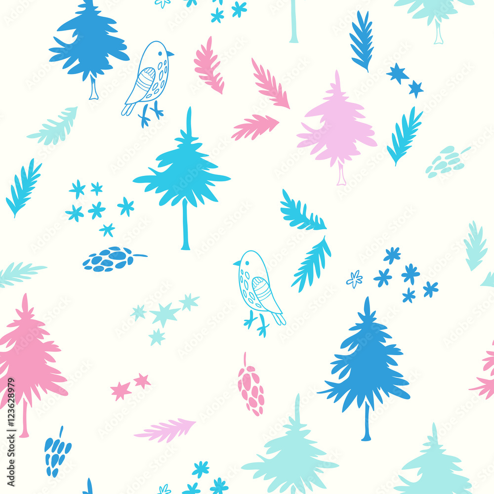 Fototapeta premium Winter forest. New Year vector seamless pattern with trees and floral elements. Christmas hand drawn texture with firs, birds, branches, cones and snow