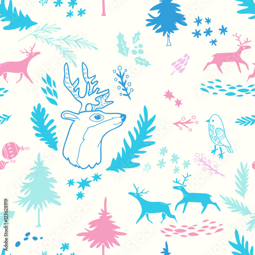 Happy New Year texture. Vector seamless pattern with Christmas symbols. Hand drawn illustration with deer  bird  firs and floral elements. Doodle style