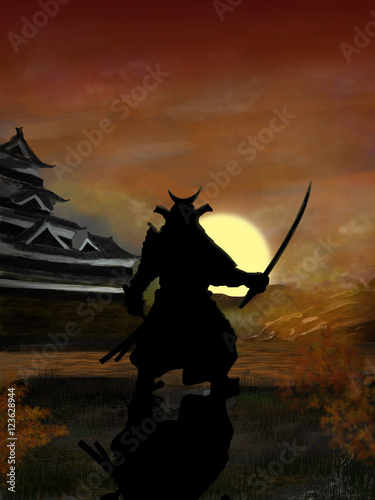 Painting of a Samurai at sunrise near a castle.