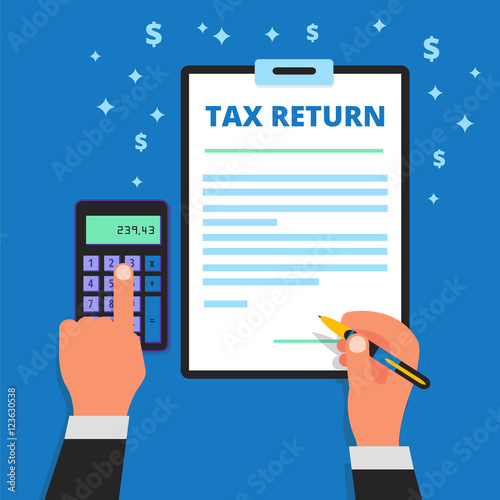 Businessman hands holding pen, calculating and filling out incom