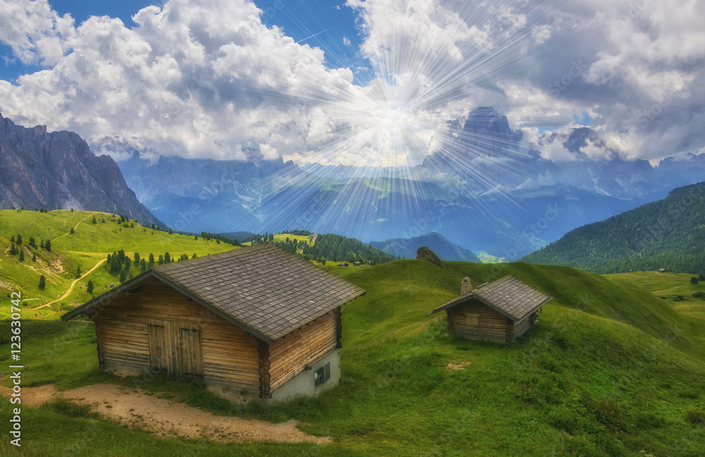Scenic view of traditional wooden alpine huts