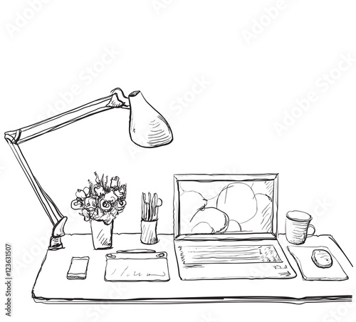 Workplace with laptop, notebook, tablet. Interior sketch