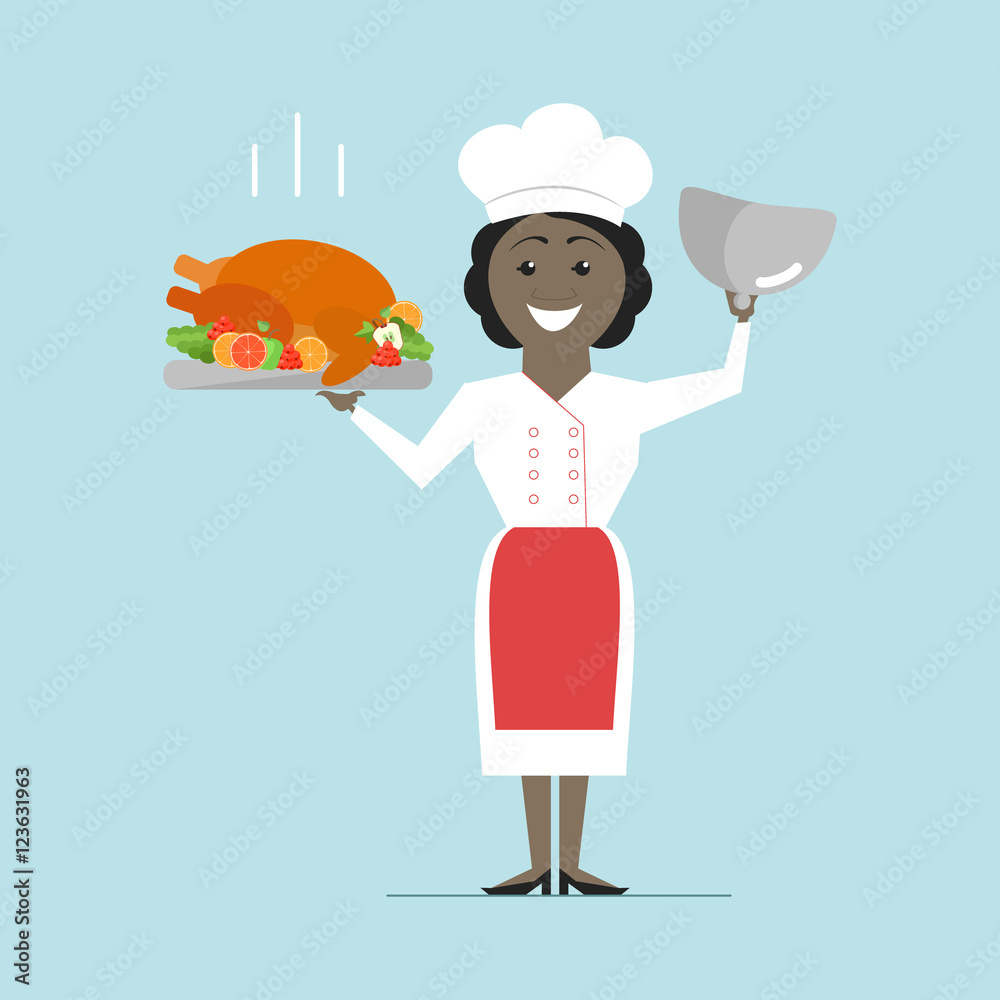 Chef African American woman holding a hot dish. Turkey roast. Veсtor Chef African American woman holding a hot dish. Turkey roast. Veсtor
