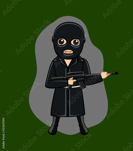 Gangster holding rifle while standing against green background